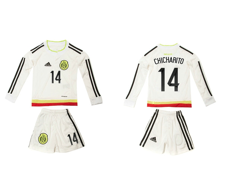 Youth 2015-16 Mexico Away White Soccer Jersey White Long Sleeves #14