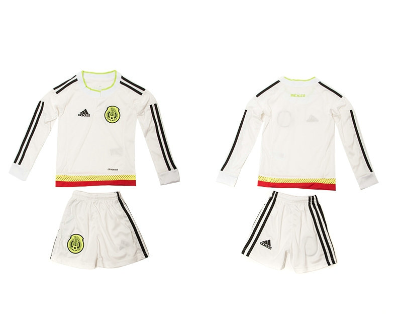 Youth 2015-16 Mexico Away White Soccer Jersey White Long Sleeves Blank