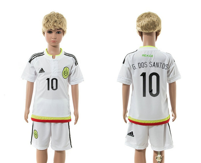 Youth 2015-16 Mexico Away White Soccer Jersey White Short Sleeves #10