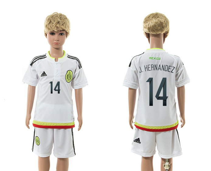 Youth 2015-16 Mexico Away White Soccer Jersey White Short Sleeves #14