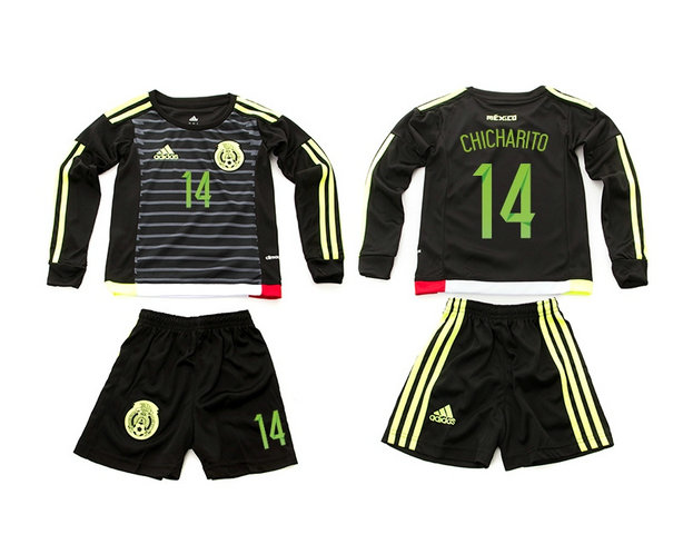 Youth 2015-16 Mexico Home Black Soccer Jersey Long Sleeves #14 CHICHARITO