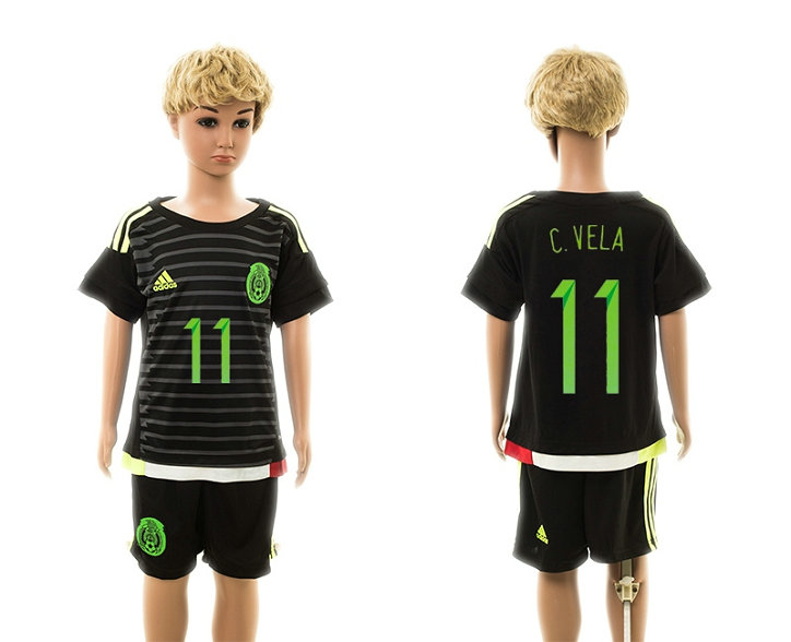 Youth 2015-16 Mexico Home Black Soccer Jersey Short Sleeves #11