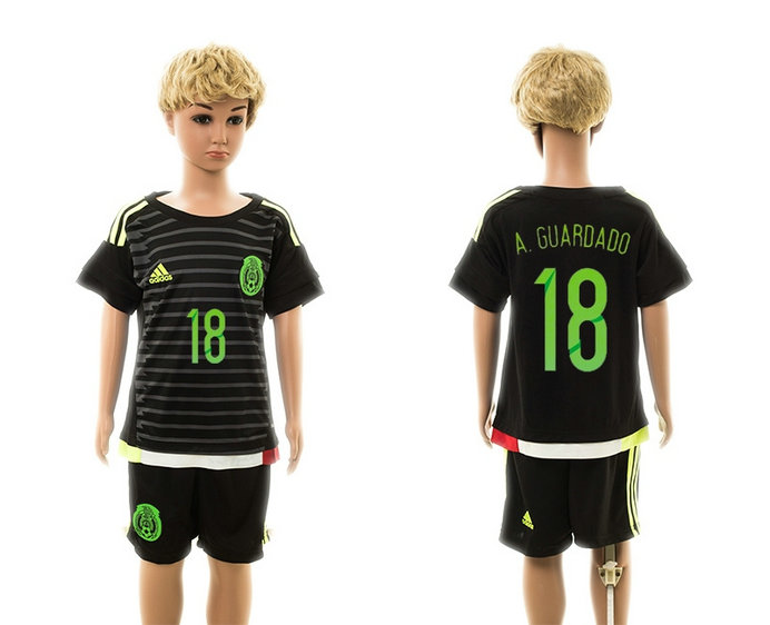 Youth 2015-16 Mexico Home Black Soccer Jersey Short Sleeves #18
