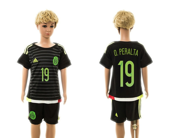 Youth 2015-16 Mexico Home Black Soccer Jersey Short Sleeves #19