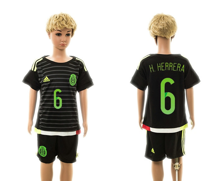Youth 2015-16 Mexico Home Black Soccer Jersey Short Sleeves #6
