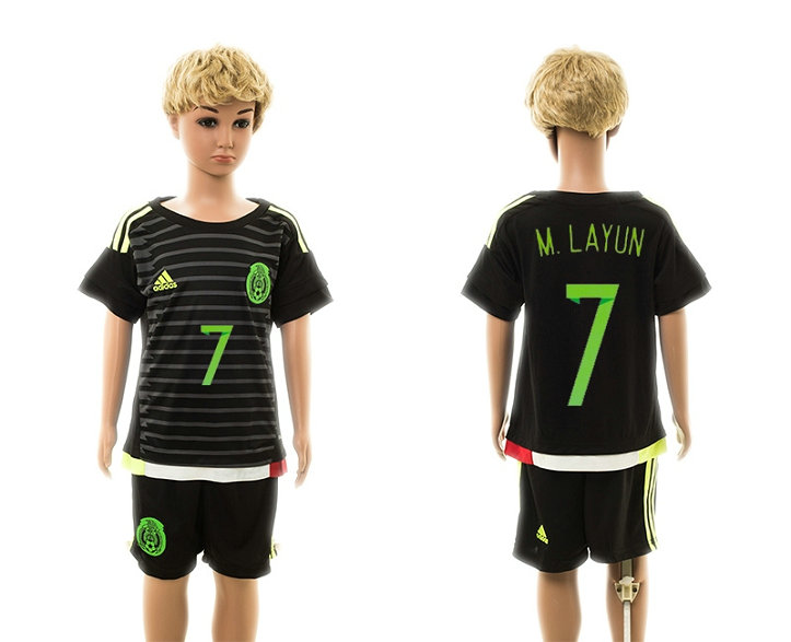 Youth 2015-16 Mexico Home Black Soccer Jersey Short Sleeves #7