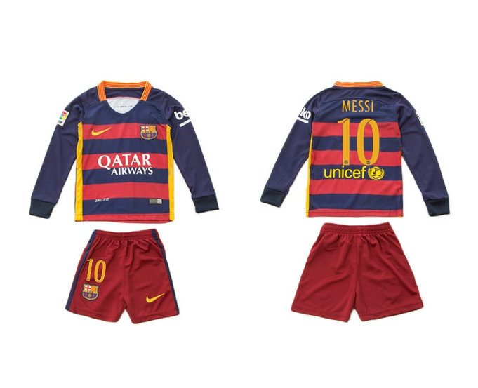 Youth 2015-2016 Barcelona Jersey Soccer Uniform Long Sleeves Home #10
