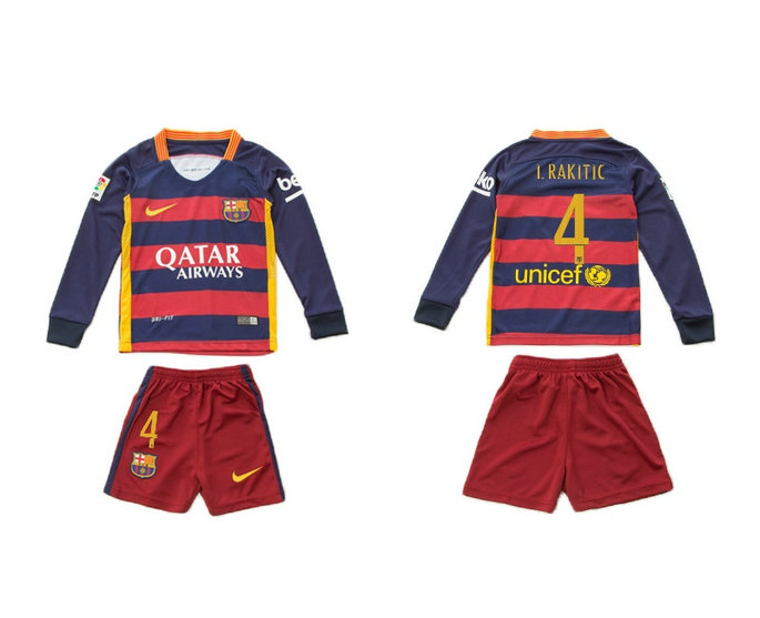Youth 2015-2016 Barcelona Jersey Soccer Uniform Long Sleeves Home #4