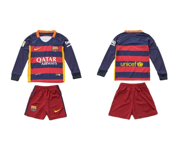 Youth 2015-2016 Barcelona Jersey Soccer Uniform Long Sleeves Home Blank