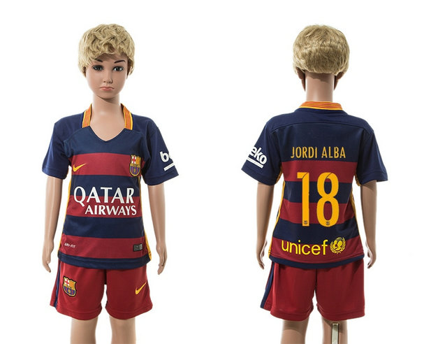 Youth 2015-2016 Barcelona Jersey Soccer Uniform Short Sleeves Home #18