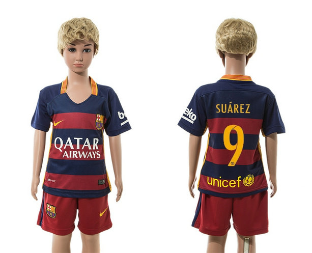 Youth 2015-2016 Barcelona Jersey Soccer Uniform Short Sleeves Home #9
