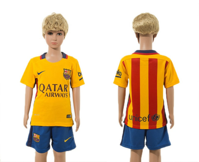 Youth 2015-2016 Barcelona Jersey Soccer Uniform Short Sleeves Yellow Blank