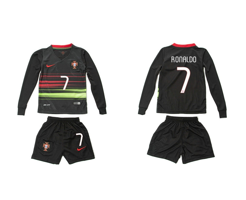 Youth 2015-2016 Portugal Away Black Soccer Jersey Long Sleeves #7