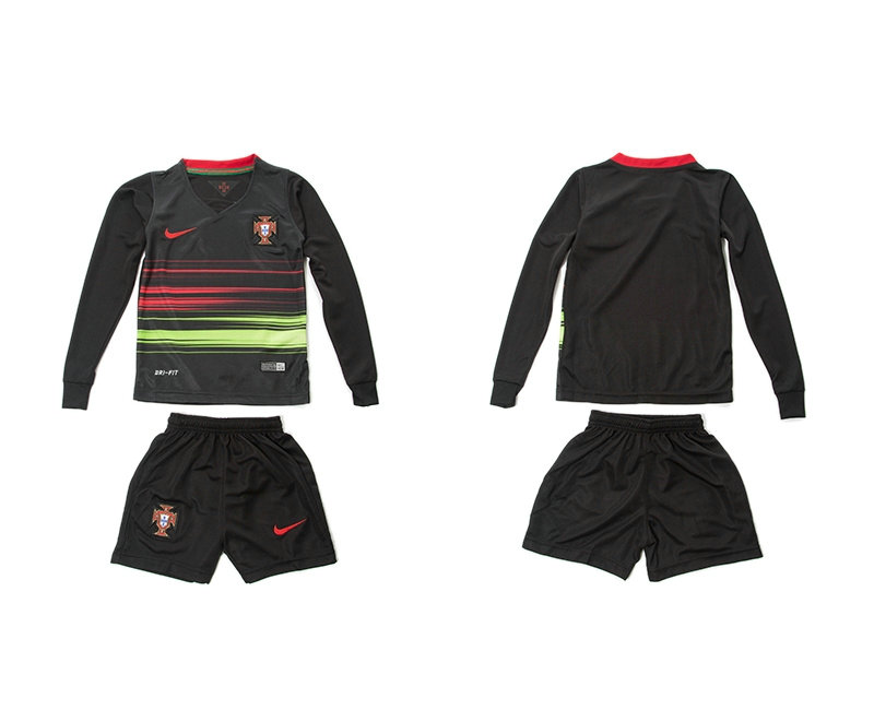 Youth 2015-2016 Portugal Away Black Soccer Jersey Long Sleeves Blank