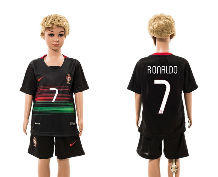 Youth 2015-2016 Portugal Away Black Soccer Jersey Short Sleeves #7