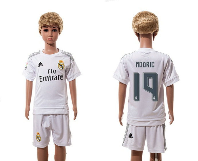 Youth 2015-2016 Real Madrid Jersey Soccer Uniform Short Sleeves White #19