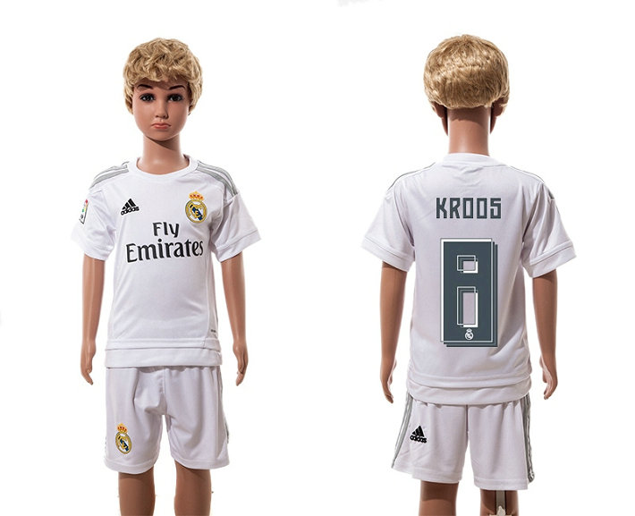 Youth 2015-2016 Real Madrid Jersey Soccer Uniform Short Sleeves White #8