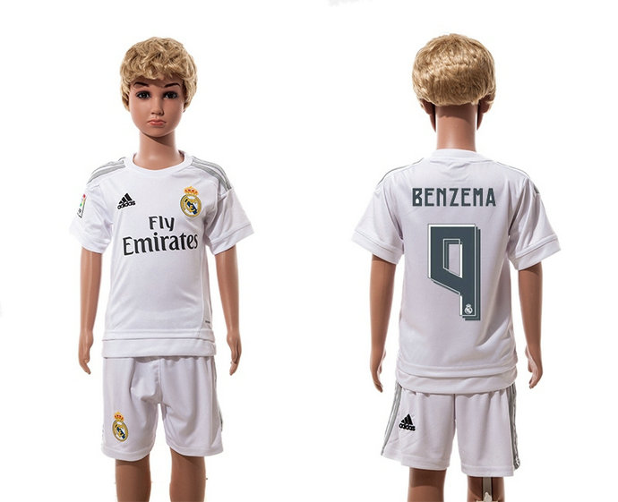 Youth 2015-2016 Real Madrid Jersey Soccer Uniform Short Sleeves White #9