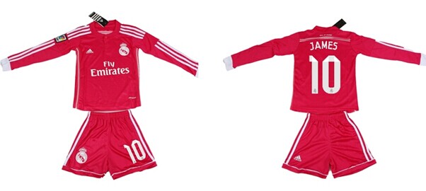 2014/15 Real Madrid #10 James Away Pink Soccer Long Sleeve Shirt Kit_Kids