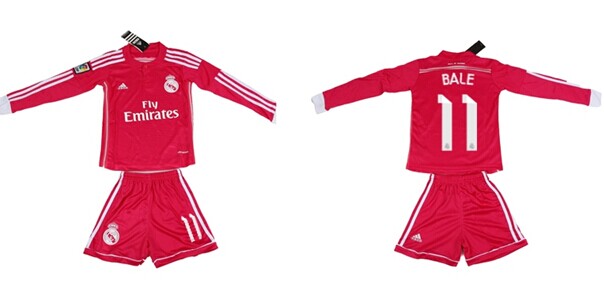 2014/15 Real Madrid #11 Bale Away Pink Soccer Long Sleeve Shirt Kit_Kids