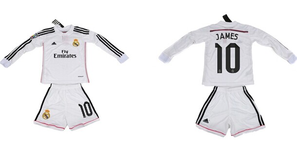 2014/15 Real Madrid #10 James Home Soccer Long Sleeve Shirt Kit_Kids
